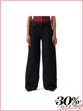 Wide Leg Mid Rise Non-Stretch Denim Jeans Relaxed Fit 100% Cotton